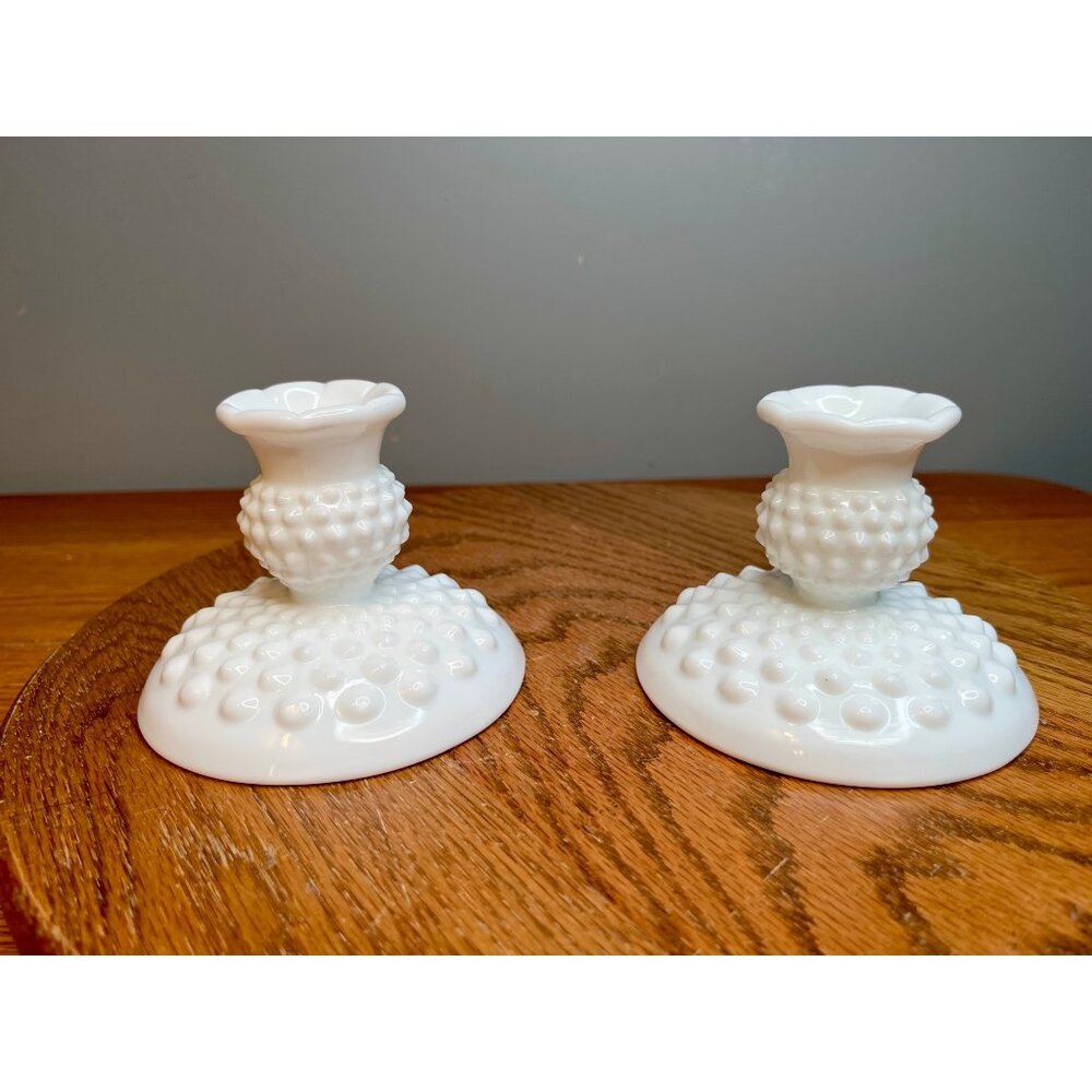 Vintage Pair of White Fenton Hobnail Milk Glass Candle Holders, Vintage Shabby C